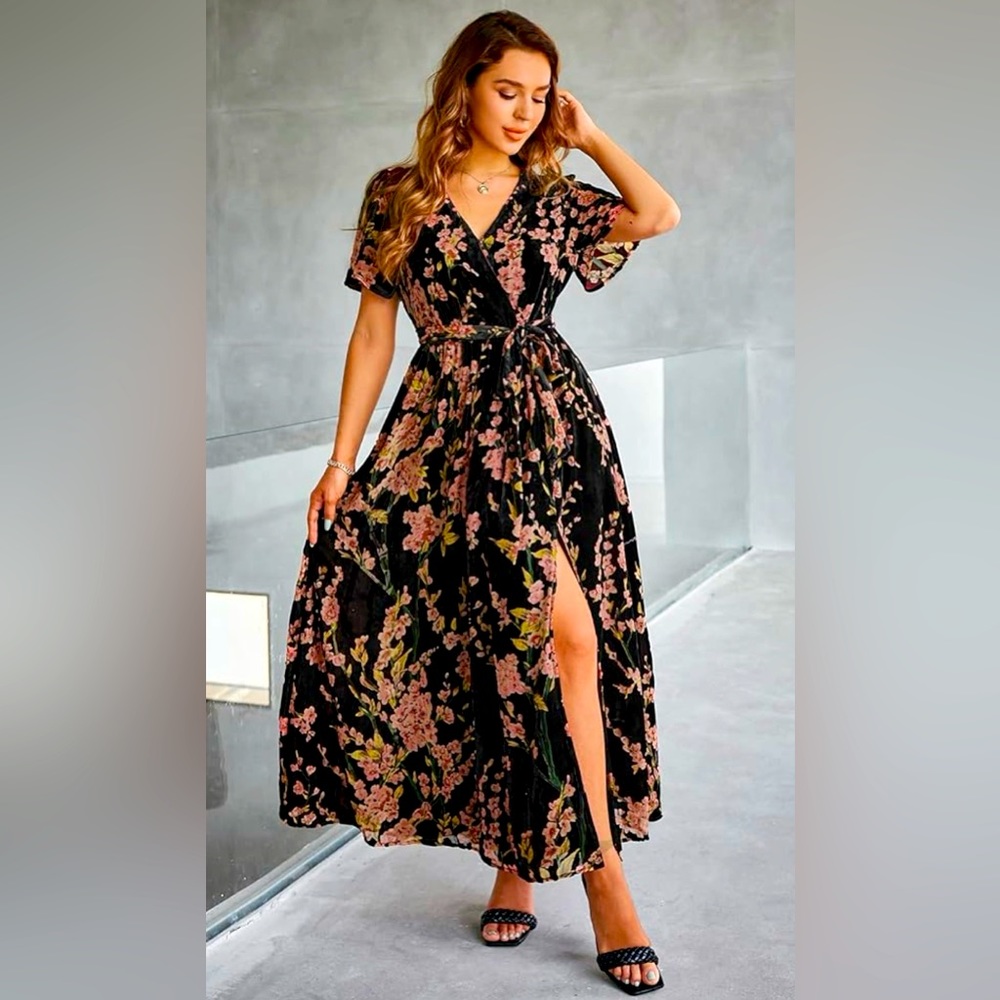 Floral black faux velvet wrap midi dress